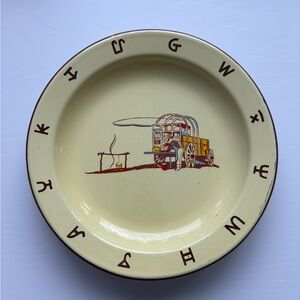 4 Vintage Cream Enamel Plate with Wagon Design